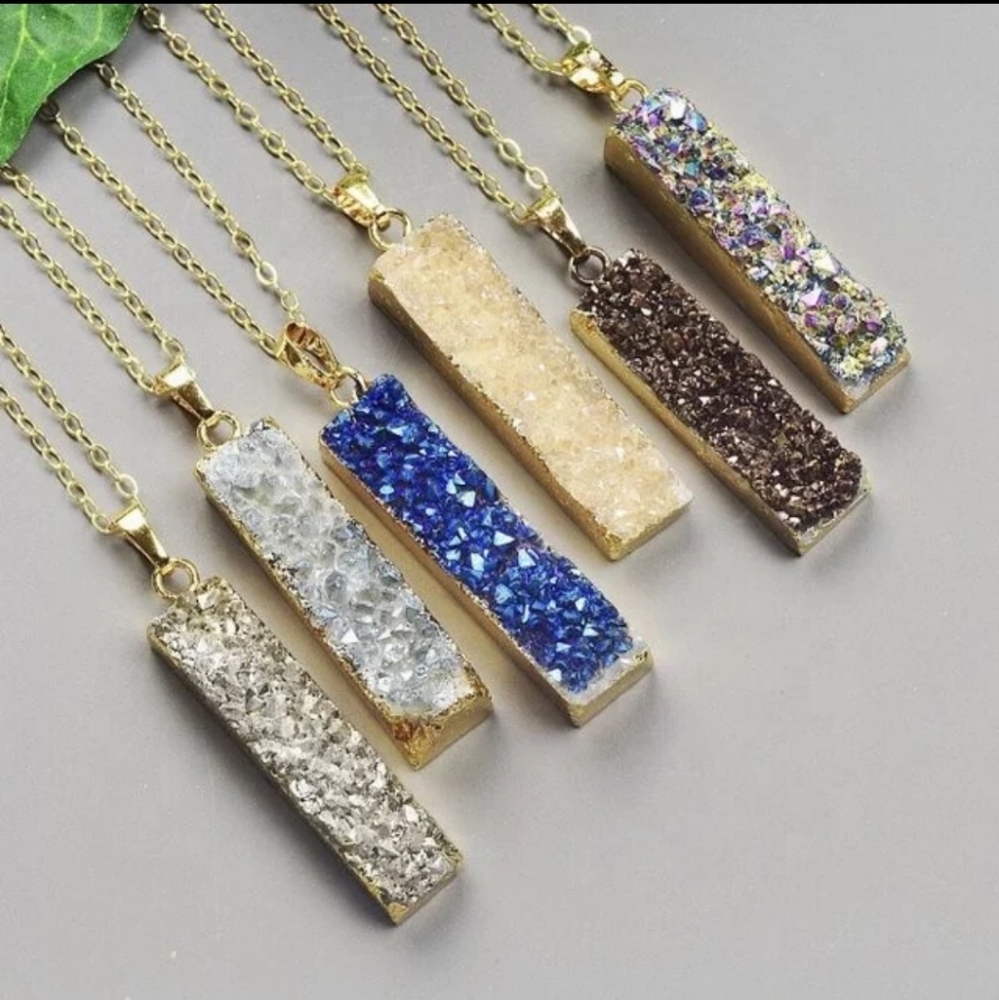 NEW‎ Raw Druzy Gold Dipped Bar Necklace